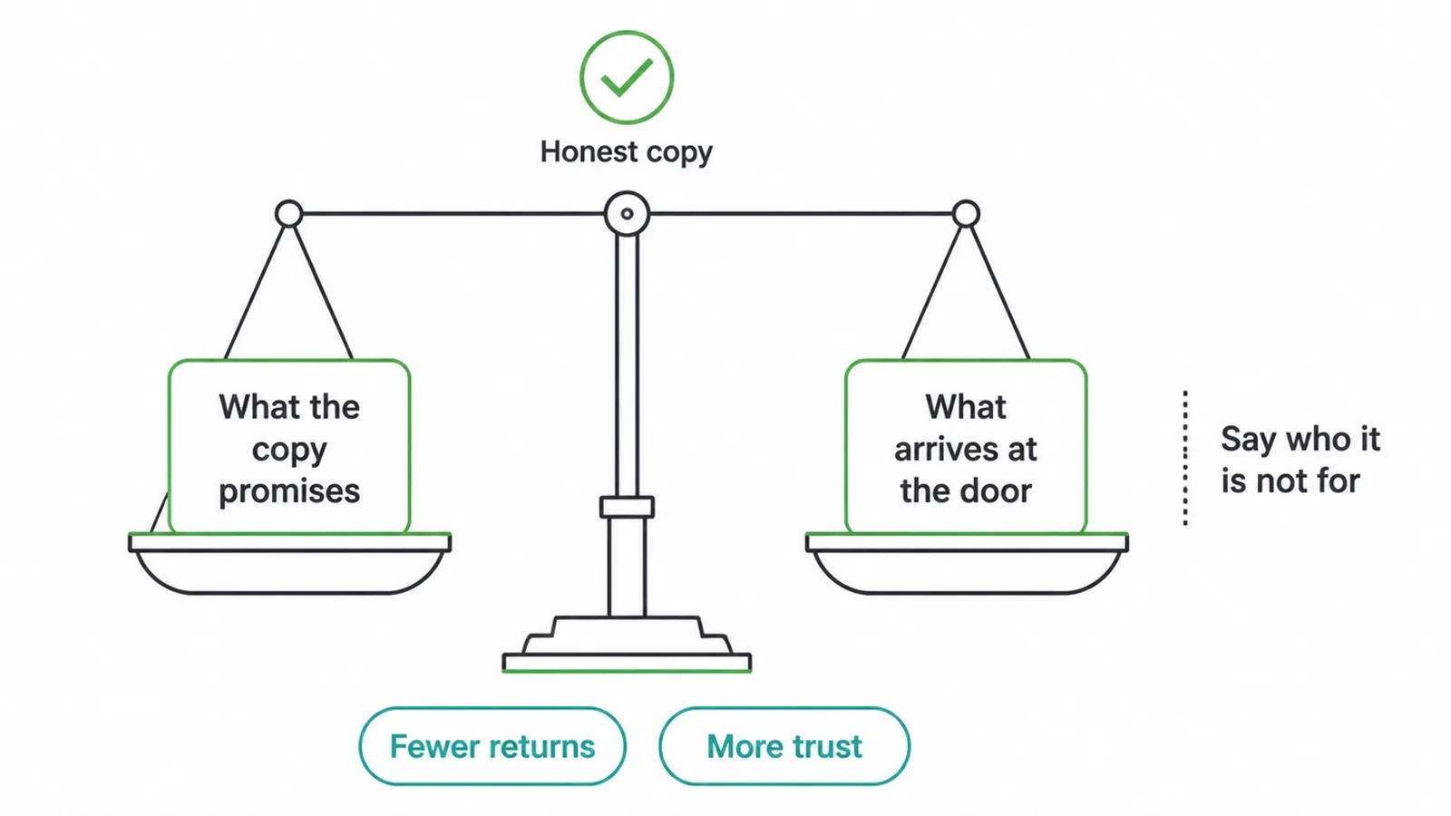 Balance scale matching what the copy promises with what arrives, leading to fewer returns and more trust