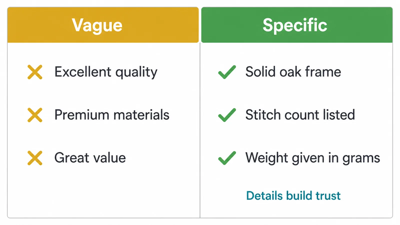 Side by side comparison of vague phrases against specific product details that build trust