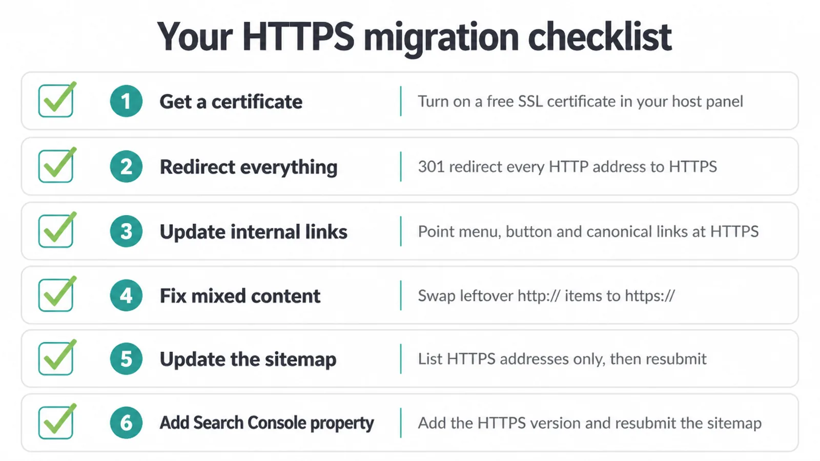 A six row HTTPS migration checklist covering certificate, redirects, links, sitemap and Search Console.