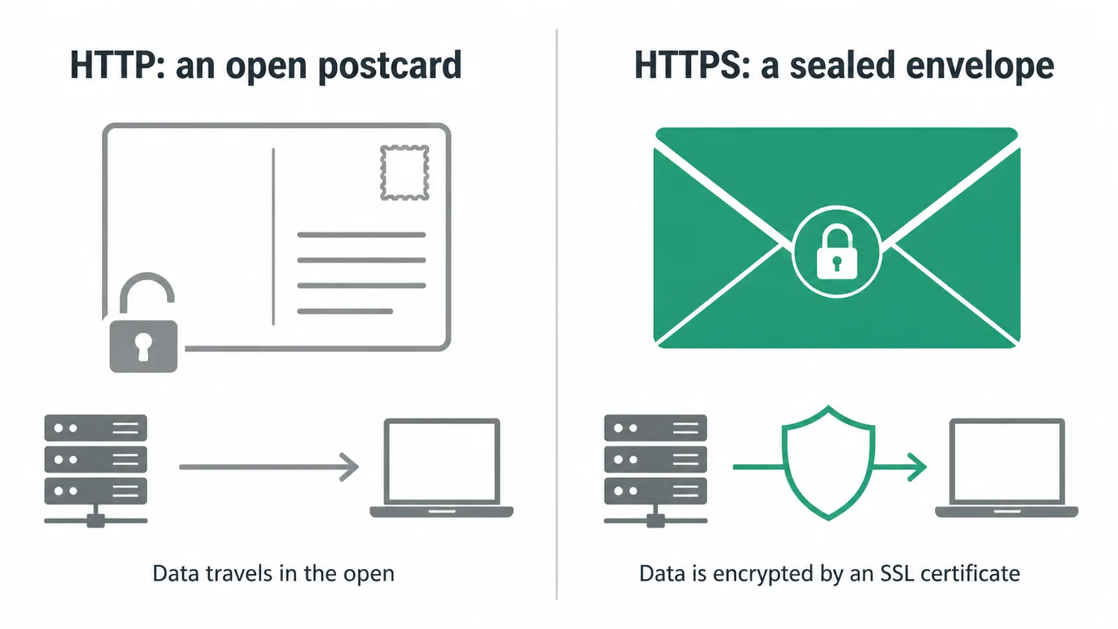 A diagram comparing HTTP to an open postcard and HTTPS to a sealed, locked envelope.