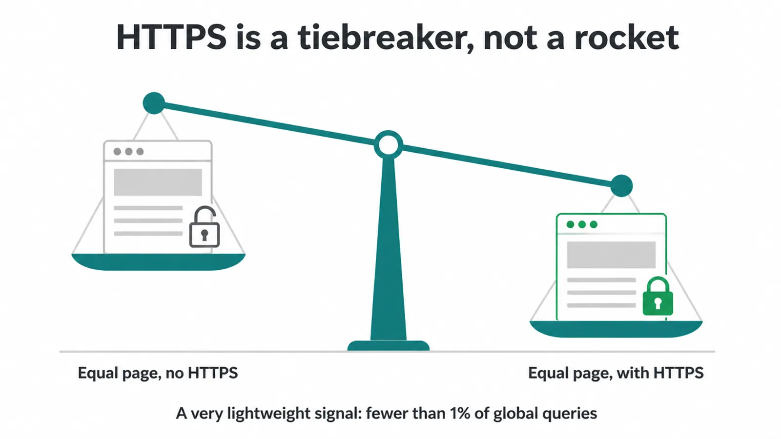 A balance scale showing a secure page edging ahead of an equal page without HTTPS.