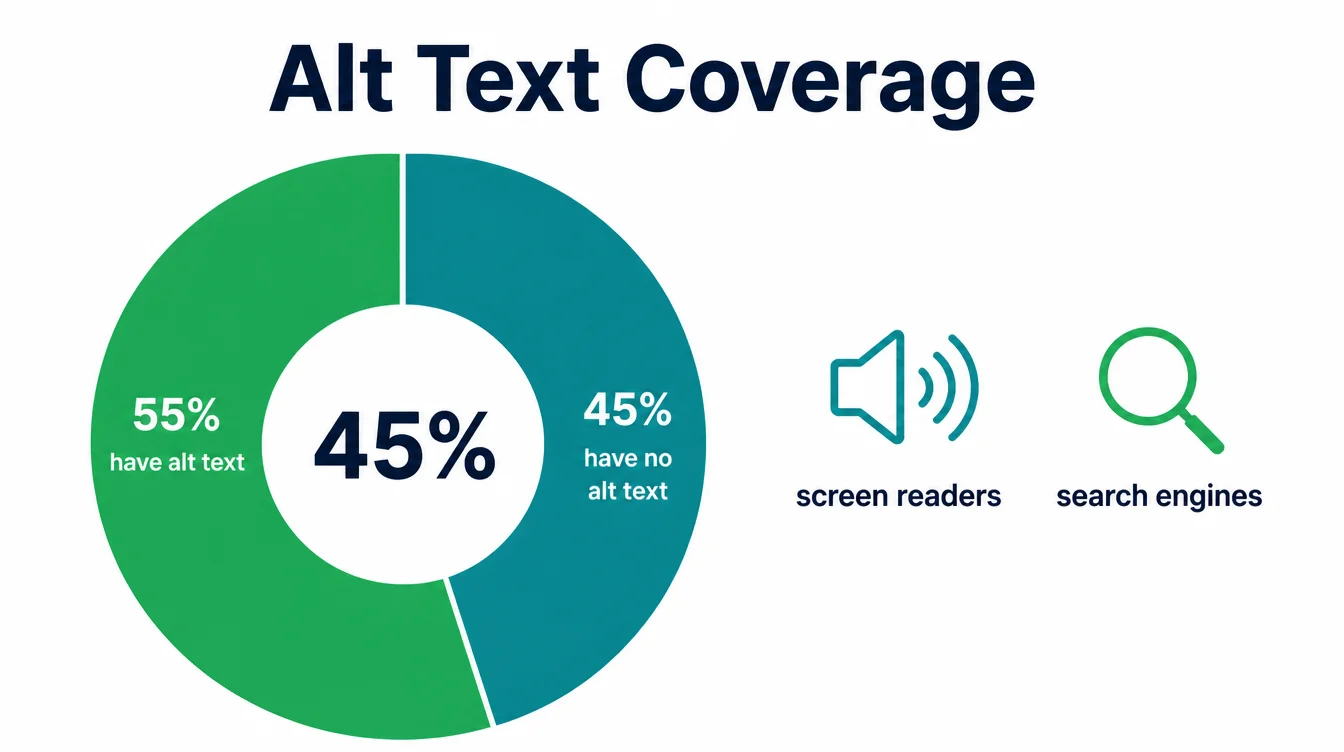 A donut chart showing 45% of images have no alt text, next to a screen reader icon and a search engine icon.