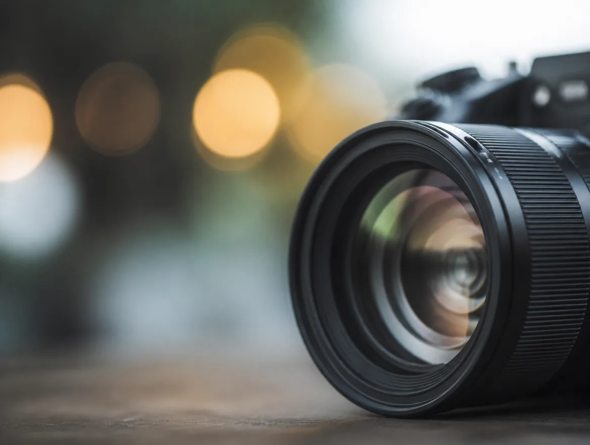 A close-up of a camera lens with soft bokeh lights in the background.