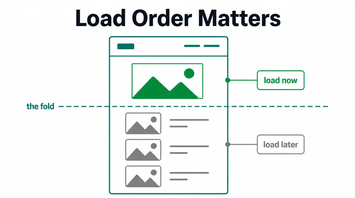 A webpage split at the fold, showing which images load now and which load later.