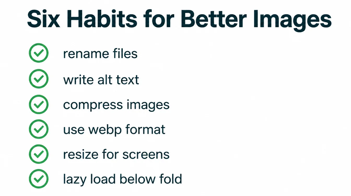 A checklist of six habits for better website images, each with a green checkmark.