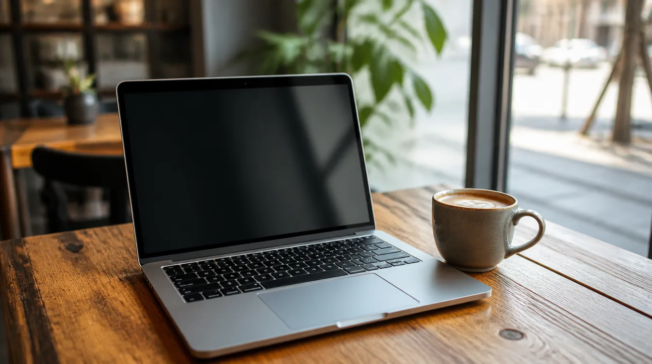 A laptop open on a wooden cafe table next to a coffee cup in daylight.