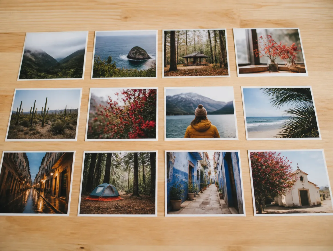 A grid of small printed photographs laid out on light wood.