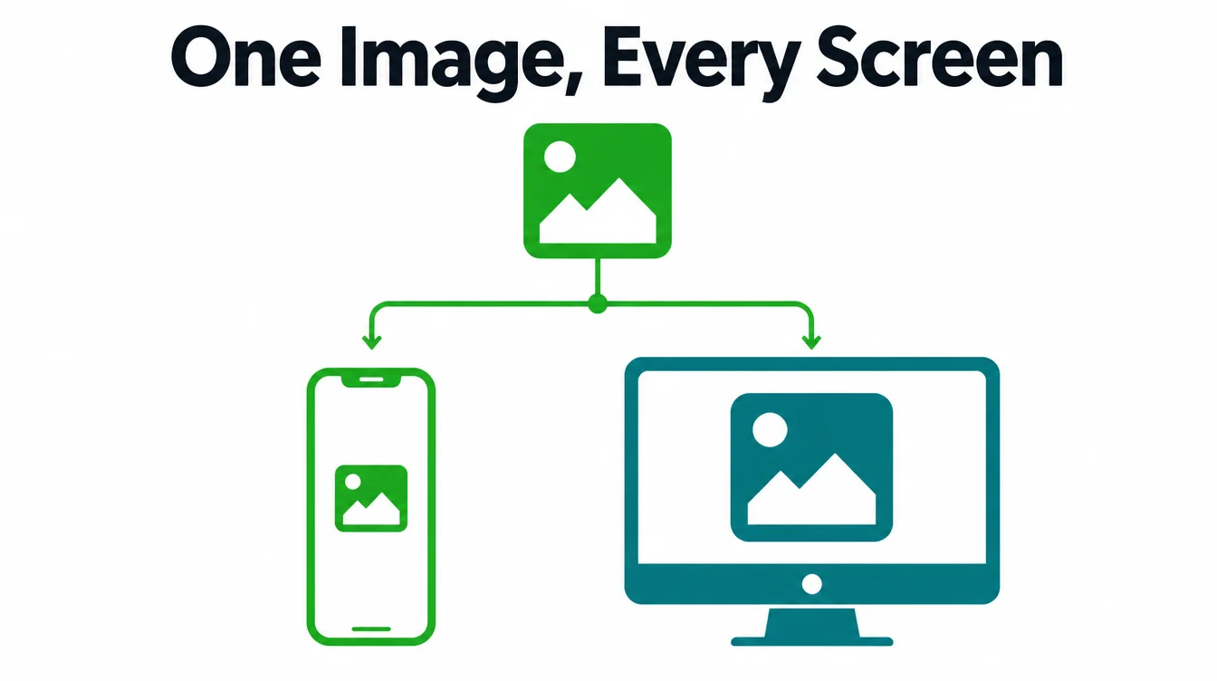 One source image branching into a smaller version for a phone and a larger version for a desktop.