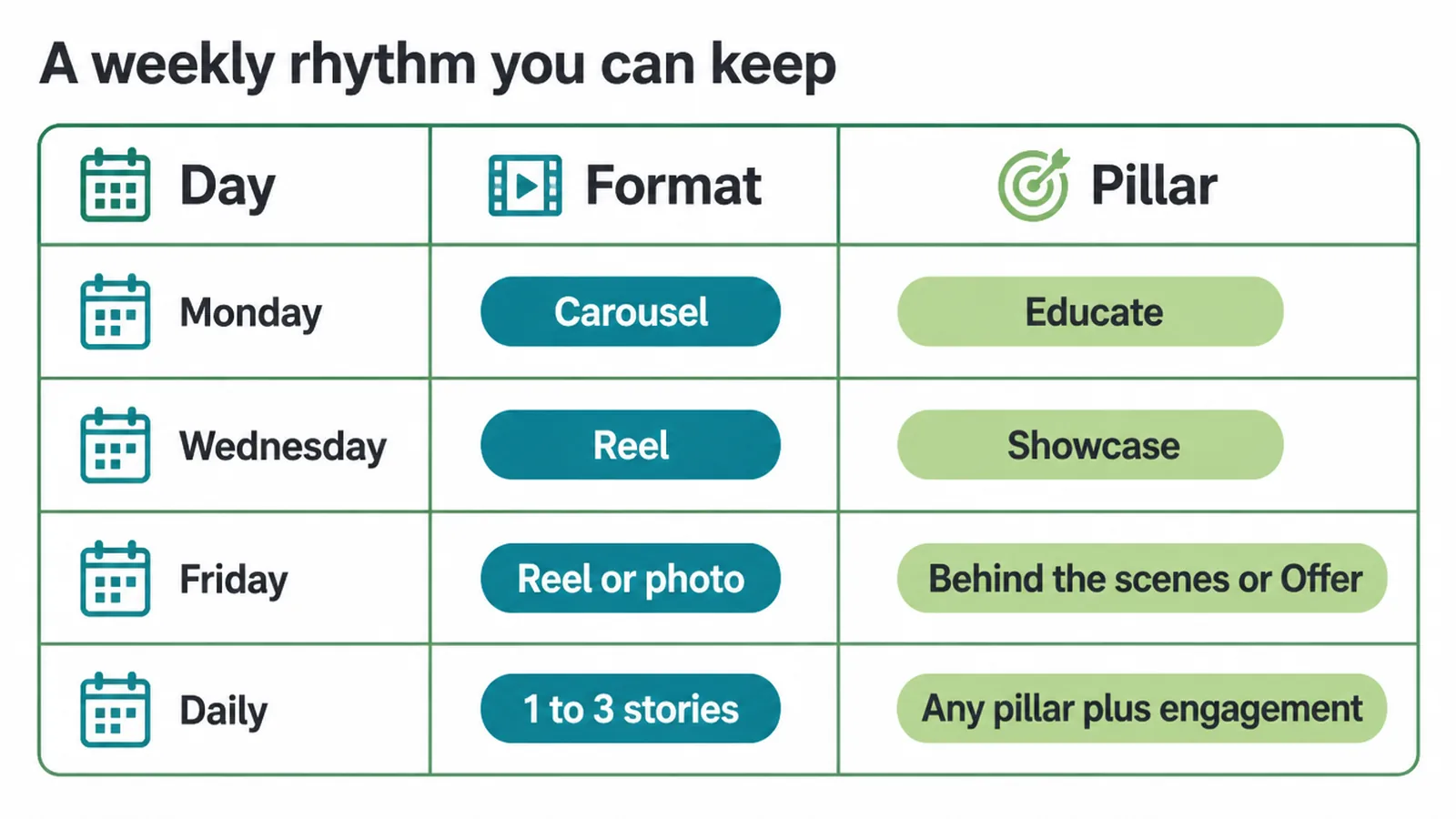 Weekly posting plan showing the day, format and pillar for each slot.