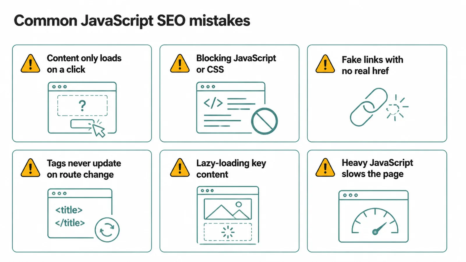 Grid of six common JavaScript SEO mistakes, each marked with a warning icon.