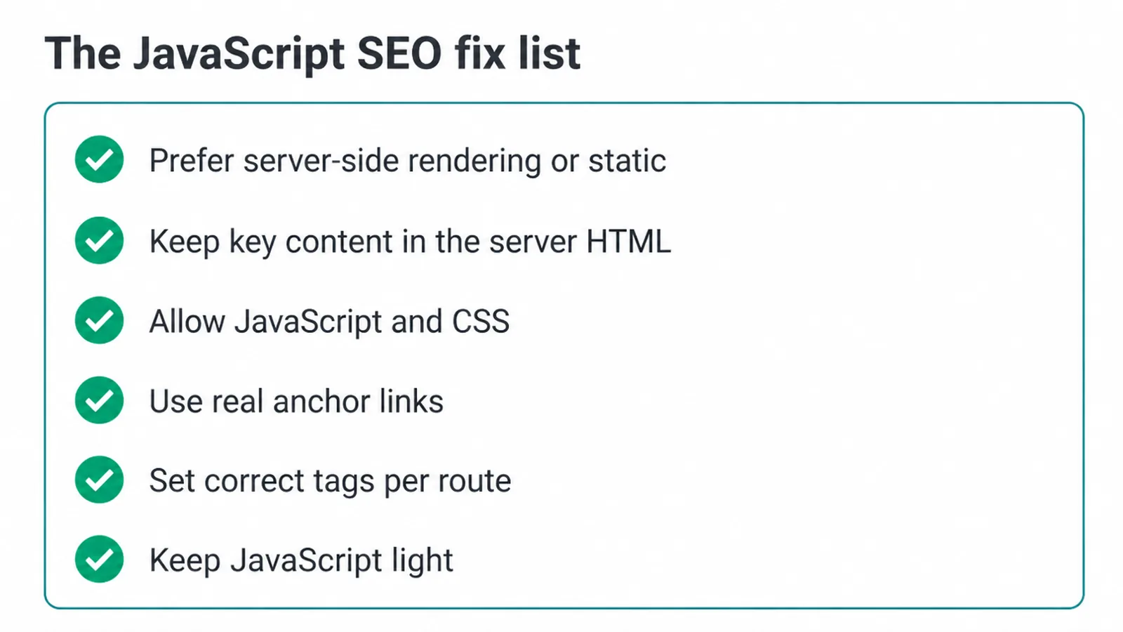 Checklist of six fixes, from server-side rendering to keeping JavaScript light.