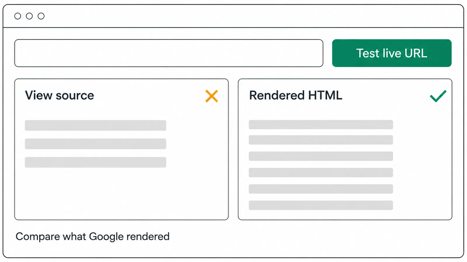 Inspection panel comparing a thin view source pane with a fuller rendered HTML pane.