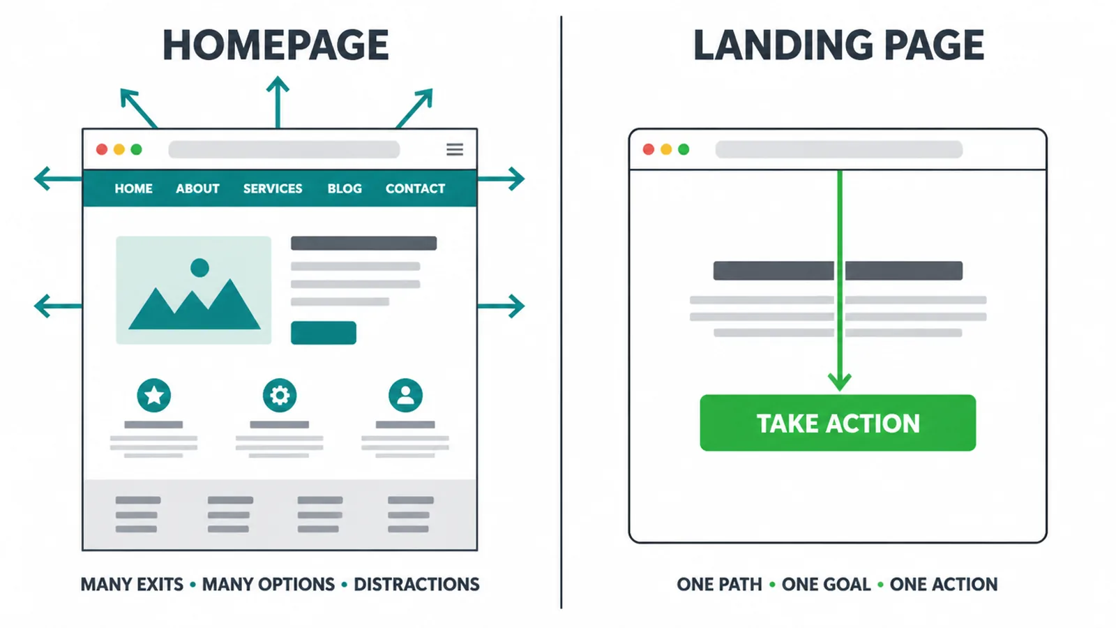 A homepage with many links compared to a landing page with one clear path.