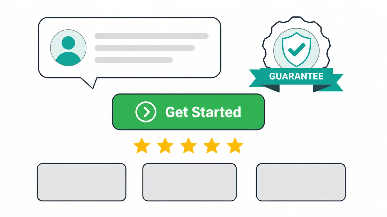 Trust signals such as a testimonial, star rating and guarantee badge near a call to action.
