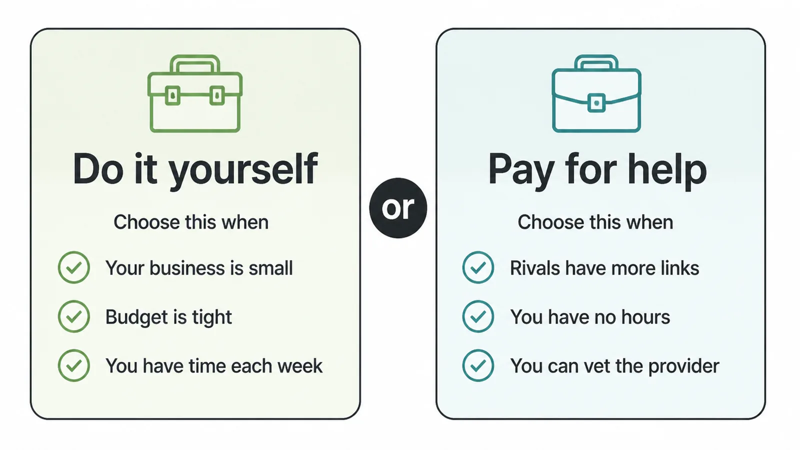 Side by side panels showing when to do link building yourself and when to pay for help.