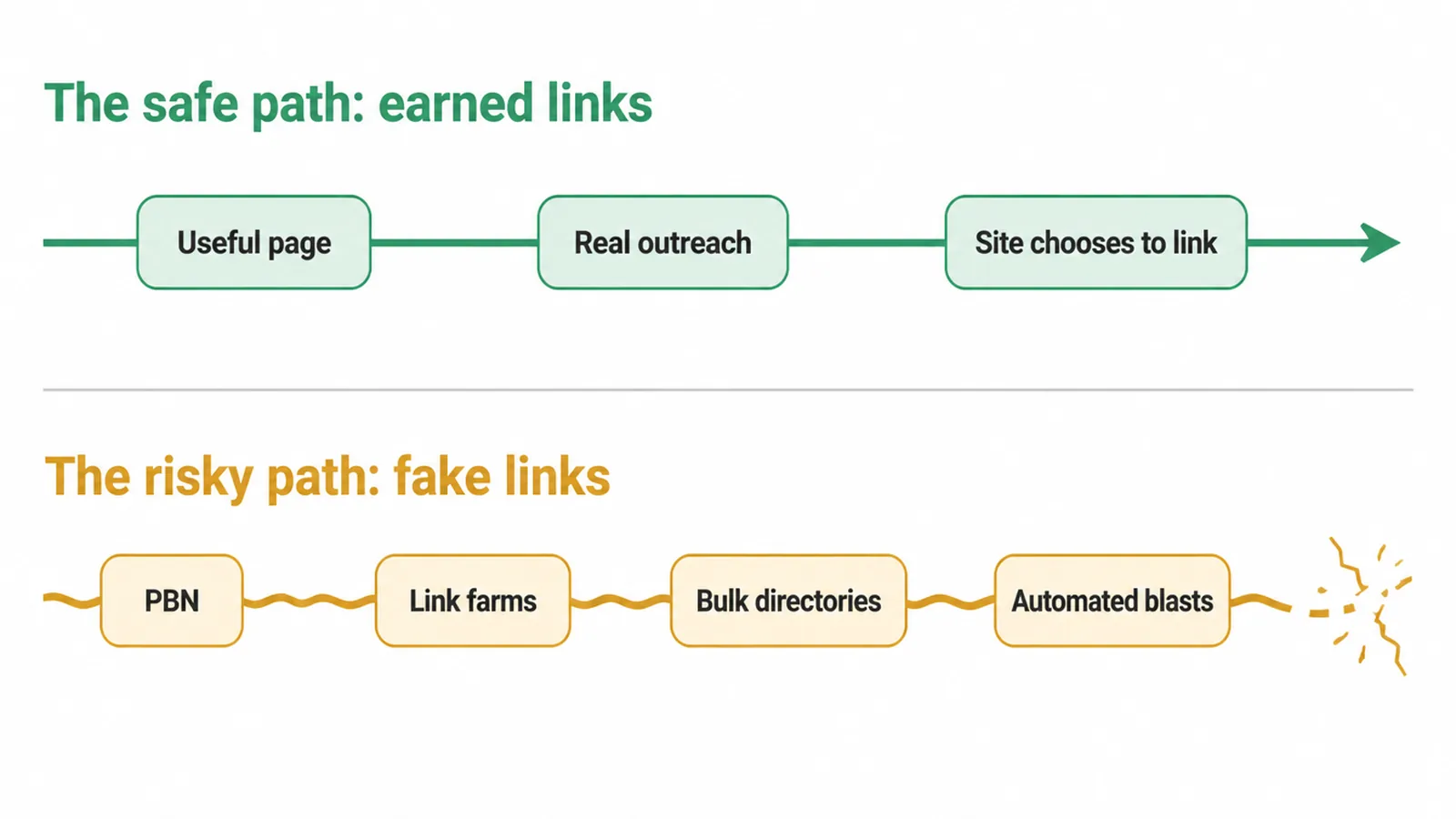 Two lanes comparing the safe path of earned links with the risky path of fake links.