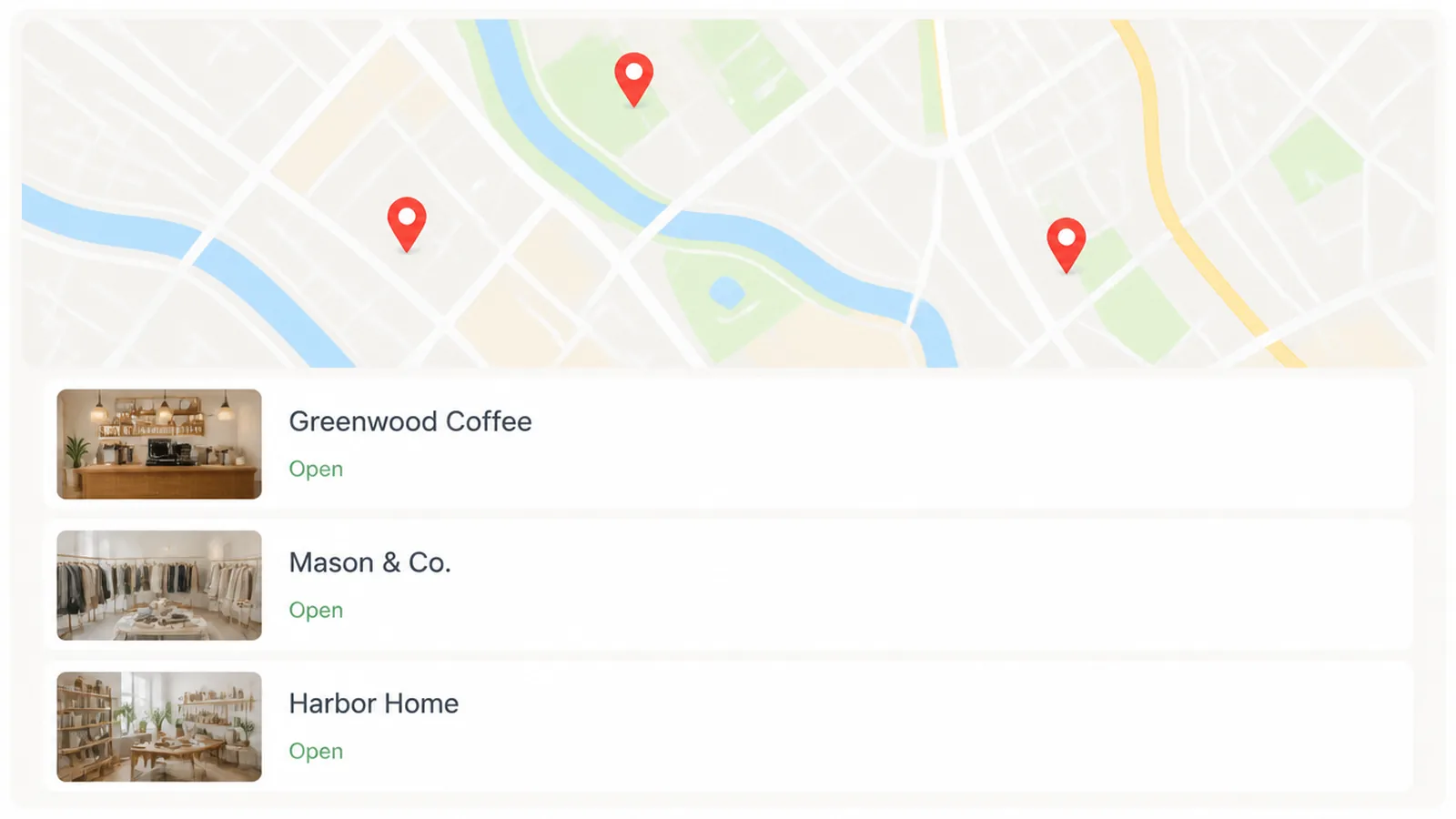 A clean light phone screen showing a map with three nearby business listings underneath it