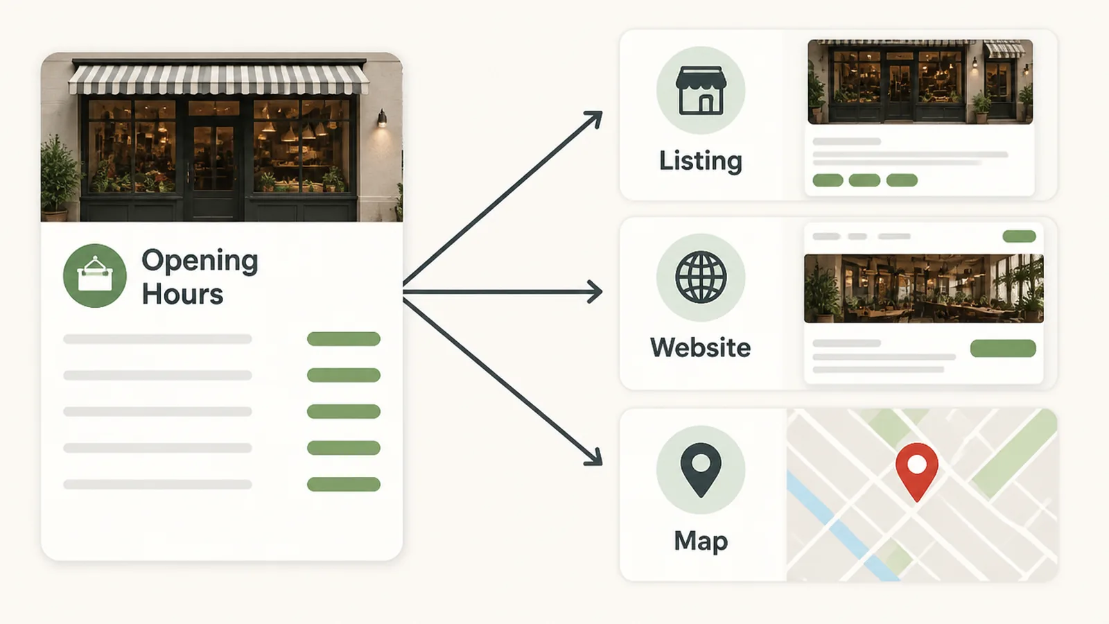 A simple panel showing opening hours being updated once and appearing on a listing, a website and a map