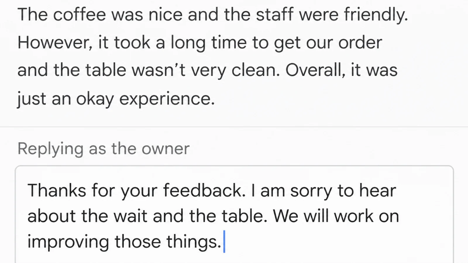 A review reply screen with the label Replying as the owner above an open text box