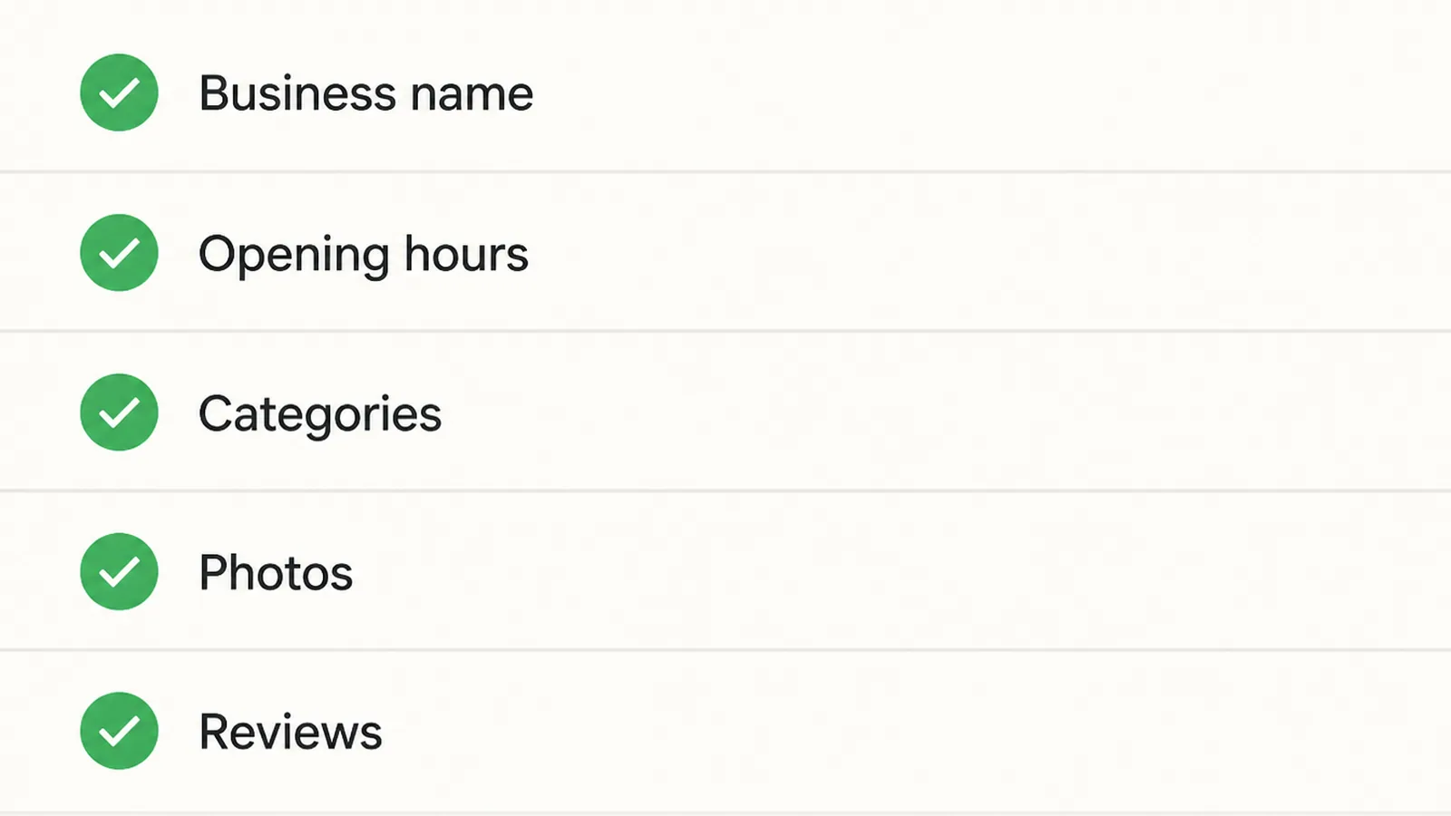 A simple light checklist panel listing business name, hours, categories, photos and reviews with ticks beside each