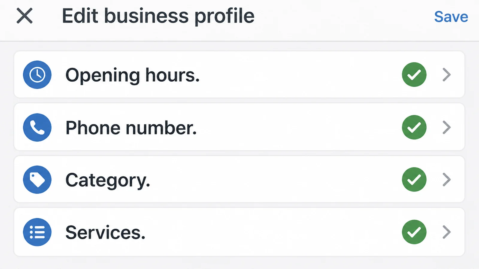 A business profile editing screen with fields reading Opening hours, Phone number, Category and Services, each ticked