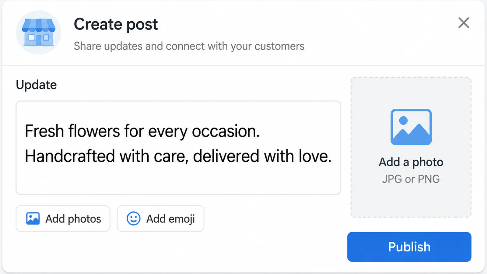 A business profile post composer with an Update field holding two short lines and a photo placeholder beside it