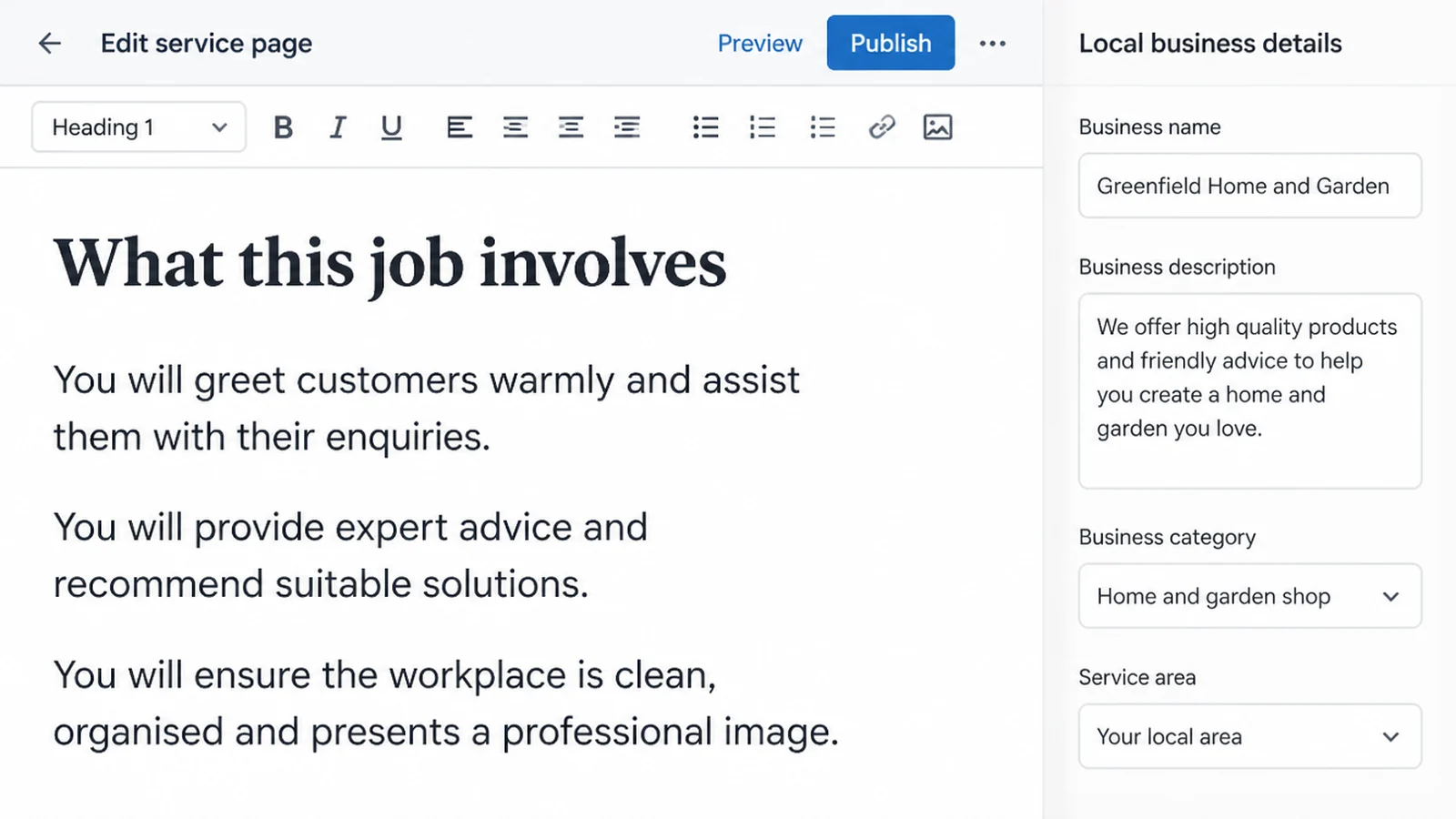 A website service page in an editor headed What this job involves, with a side panel labelled Local business details