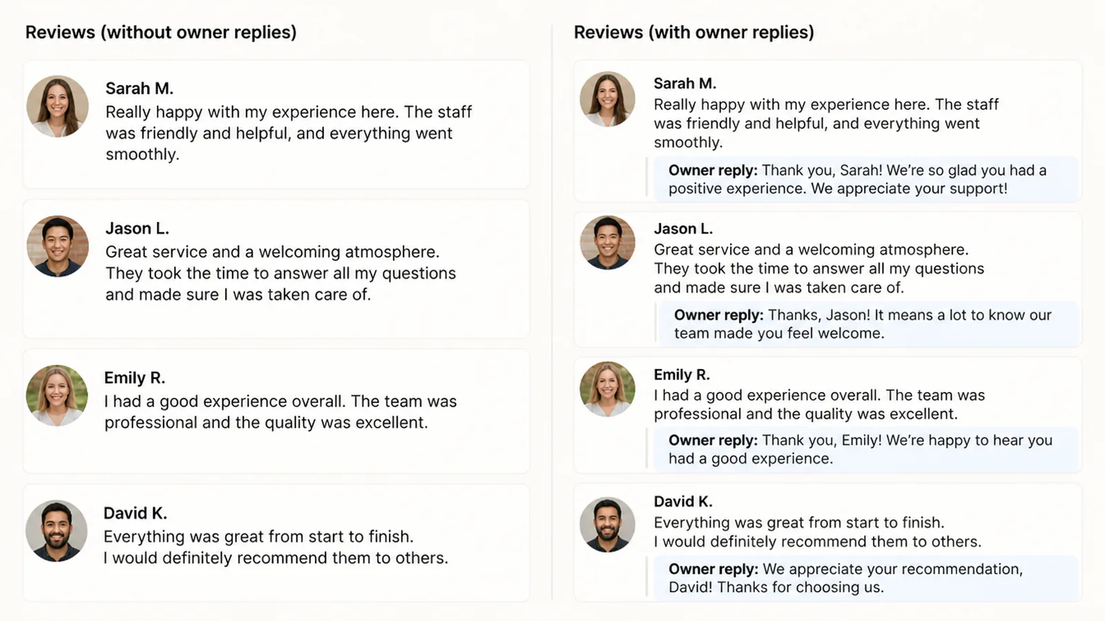 A review list where several entries have no reply beside one where each has a short owner response