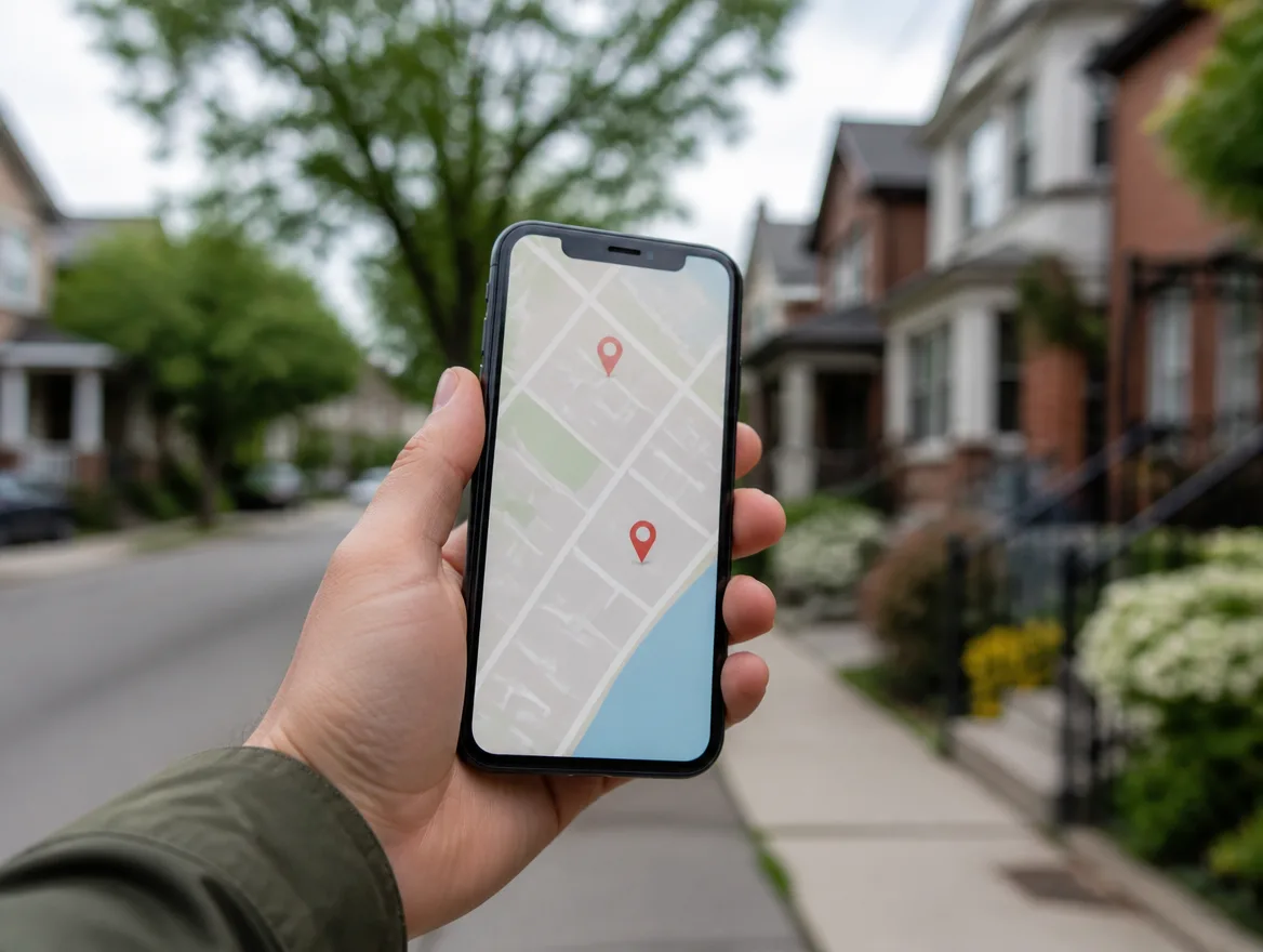 A hand holding a phone showing a map with location pins in a real neighbourhood.