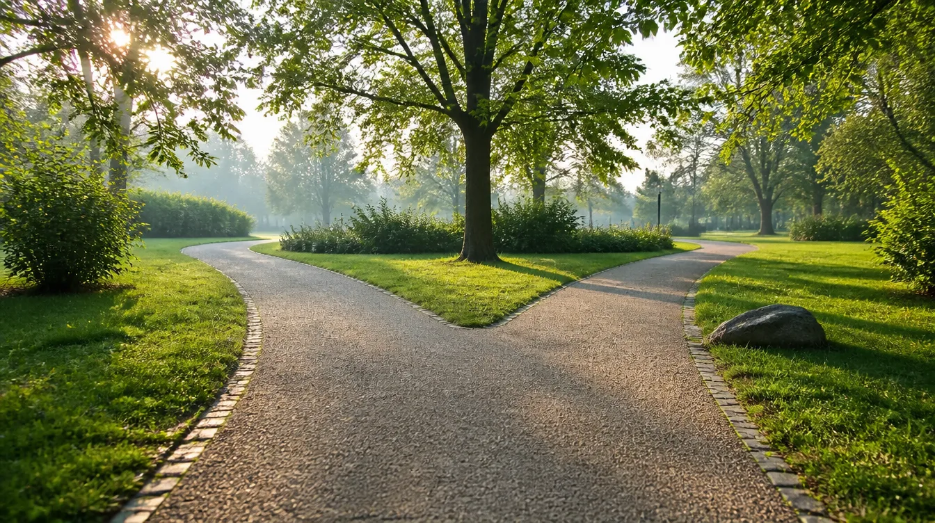 A fork in a path in a quiet park, seen from the walker's point of view.