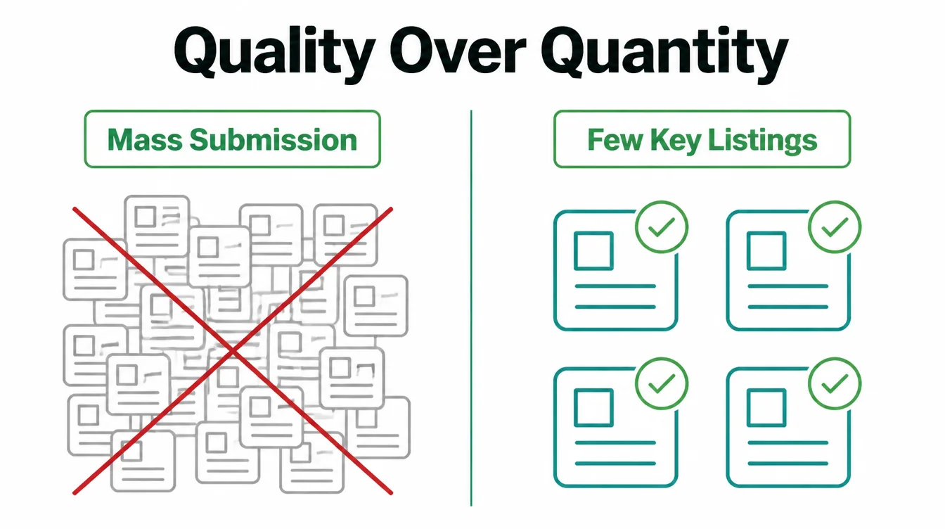 Comparison graphic showing a crossed out pile of mass directory submissions next to four clean, checked key listings.
