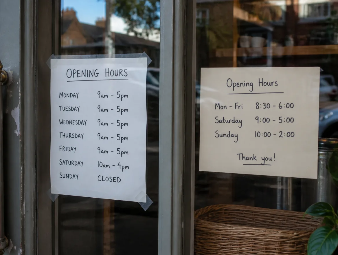 A shopfront window with two mismatched handwritten opening-hours signs.