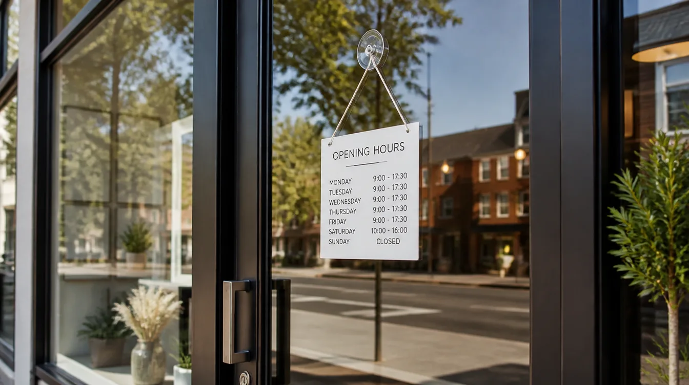 A storefront window with a clear printed opening-hours sign in the sunlight.