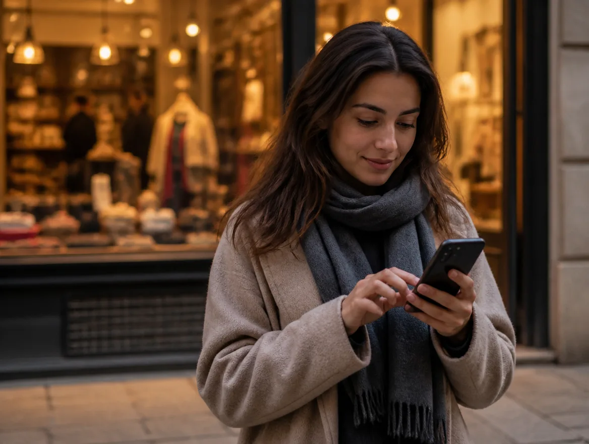 A customer tapping a star rating on a phone outside a small shop.
