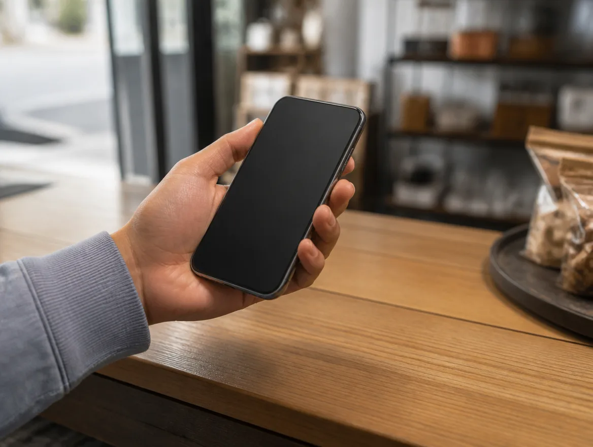 A phone showing a Google Business Profile category setting being chosen on a shop counter.