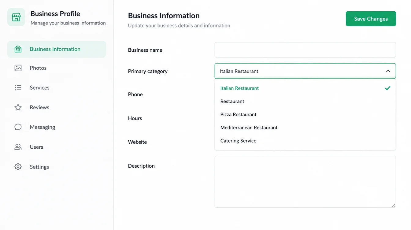 A business profile settings screen with the primary category field open and a specific category selected.