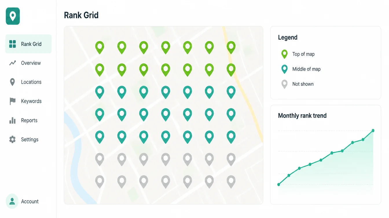 A rank tracking dashboard showing a grid of map pins colored by ranking position across a local area.