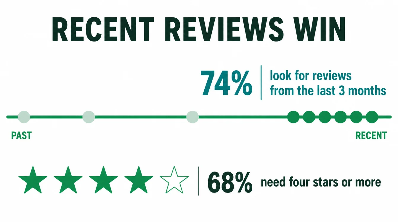 A chart showing recent reviews clustered near today and a star rating showing four stars as the customer minimum.