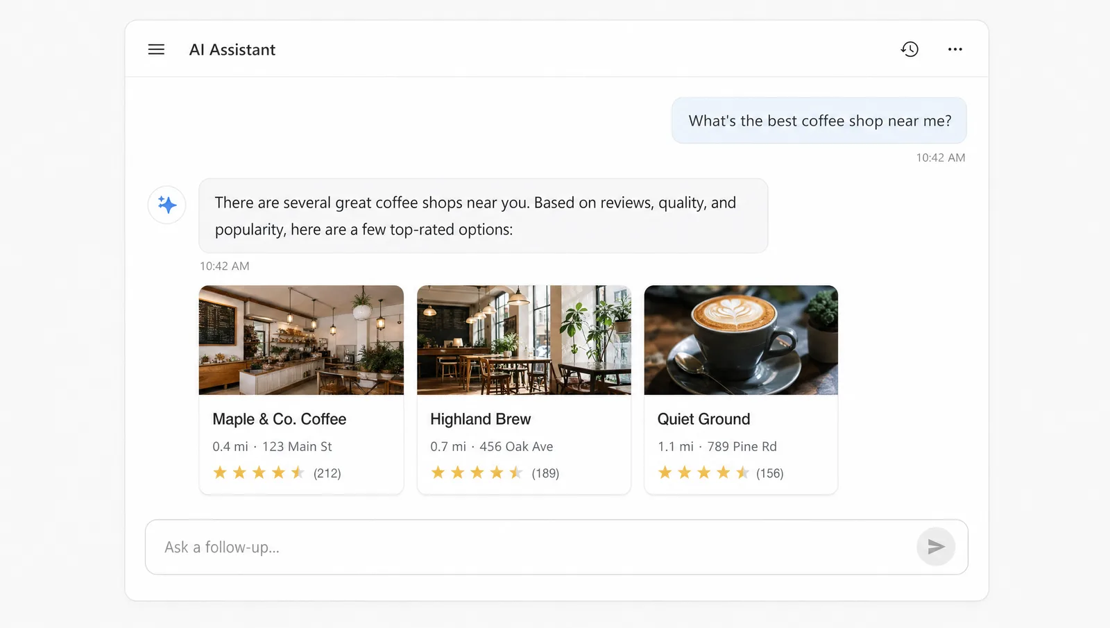 Illustration of an AI chat assistant answering a question about the best local service nearby, with three recommended business cards.