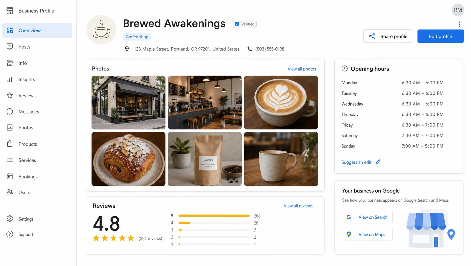 Mockup of a Google Business Profile dashboard showing business name, category, hours, a photo grid, and a reviews widget with star ratings.