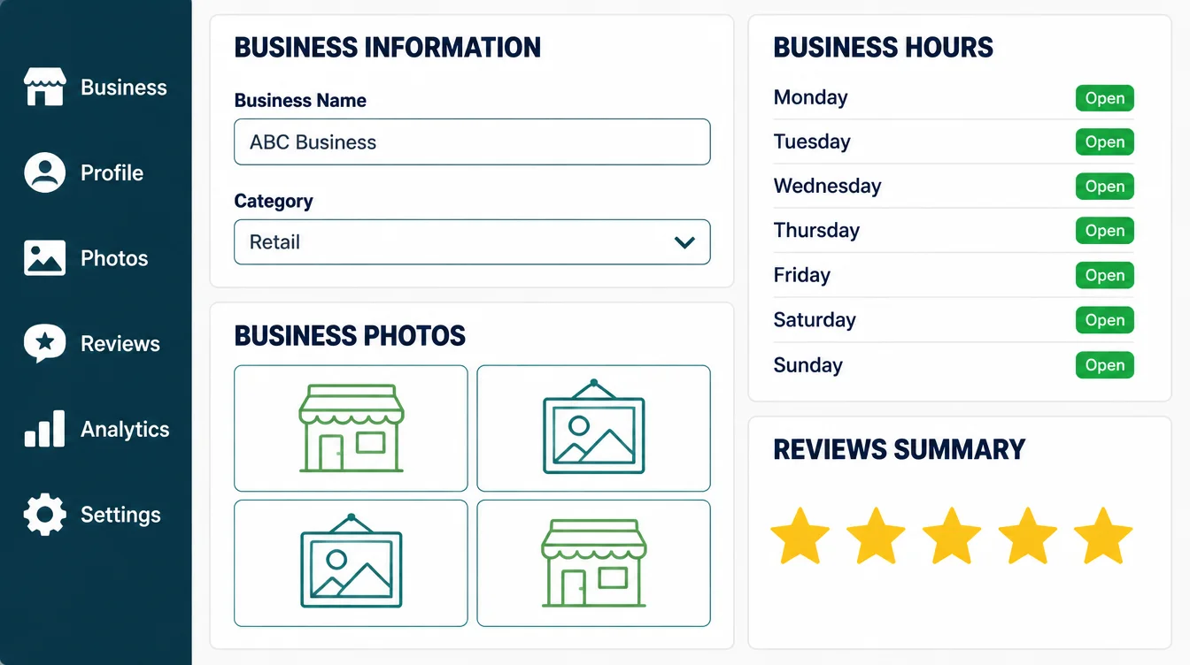 Flat mockup of a business profile dashboard showing the business name field, category dropdown