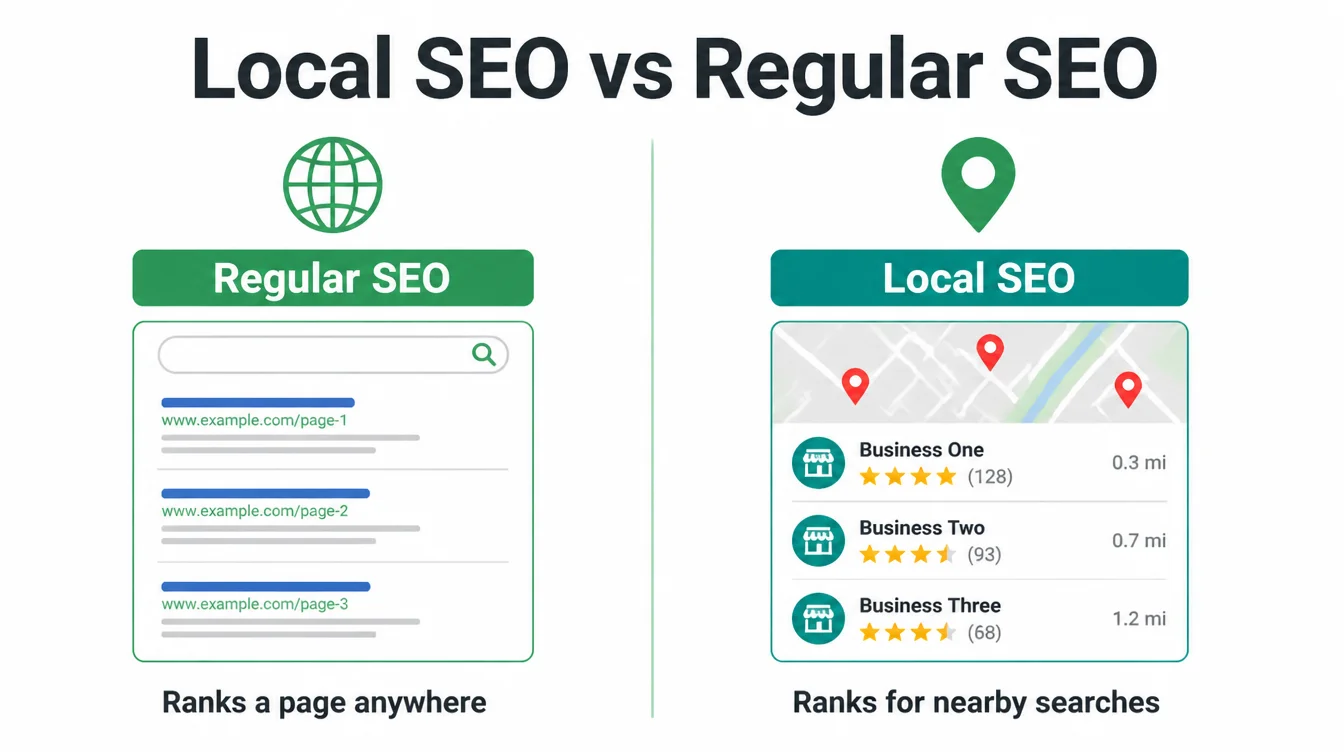 Side by side comparison of regular SEO blue link results and local SEO map pack results with star ratings.