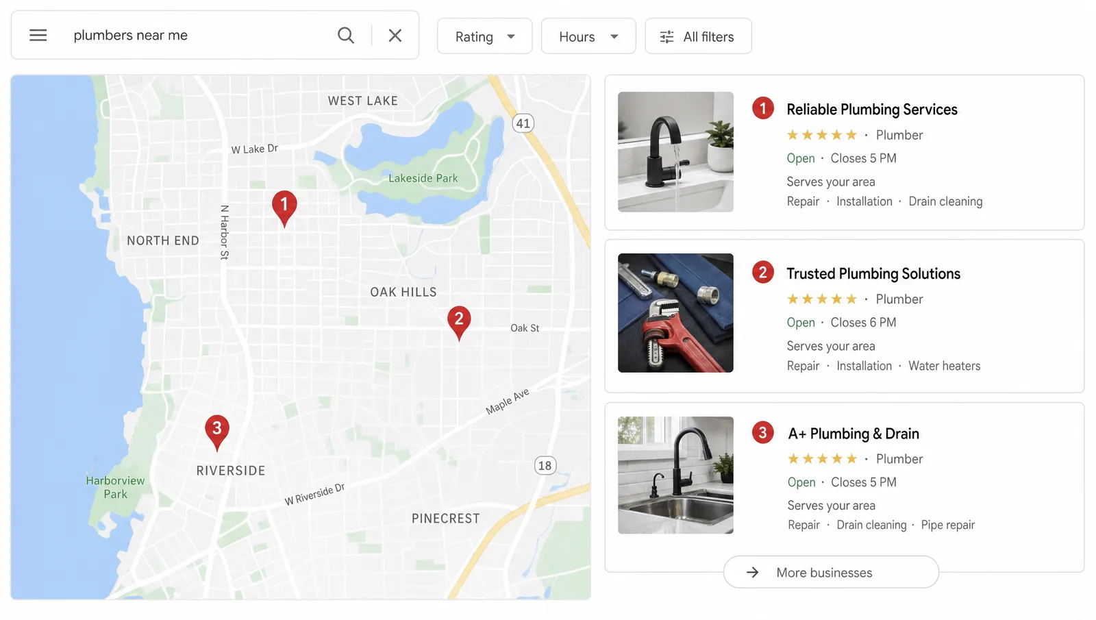 Illustration of a Google local map pack with three numbered pins on a map and three business result cards with star ratings.