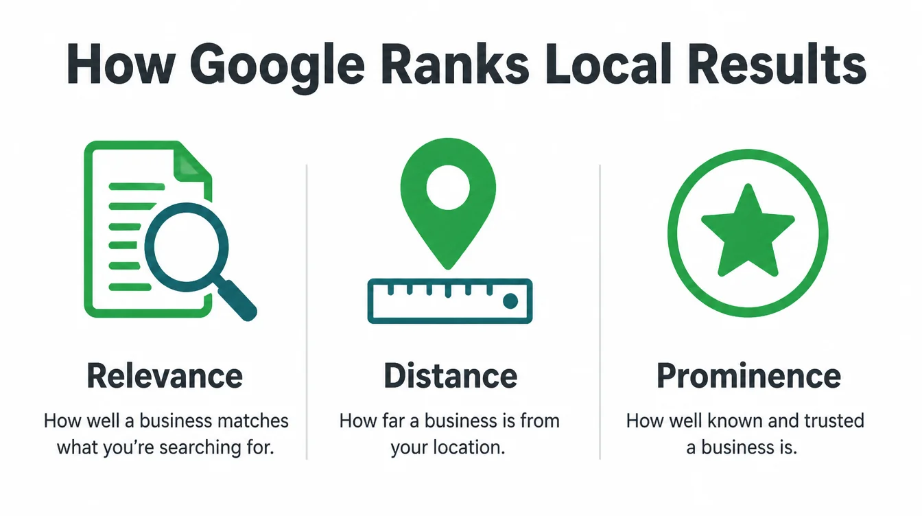 Three columns showing Google's local ranking factors