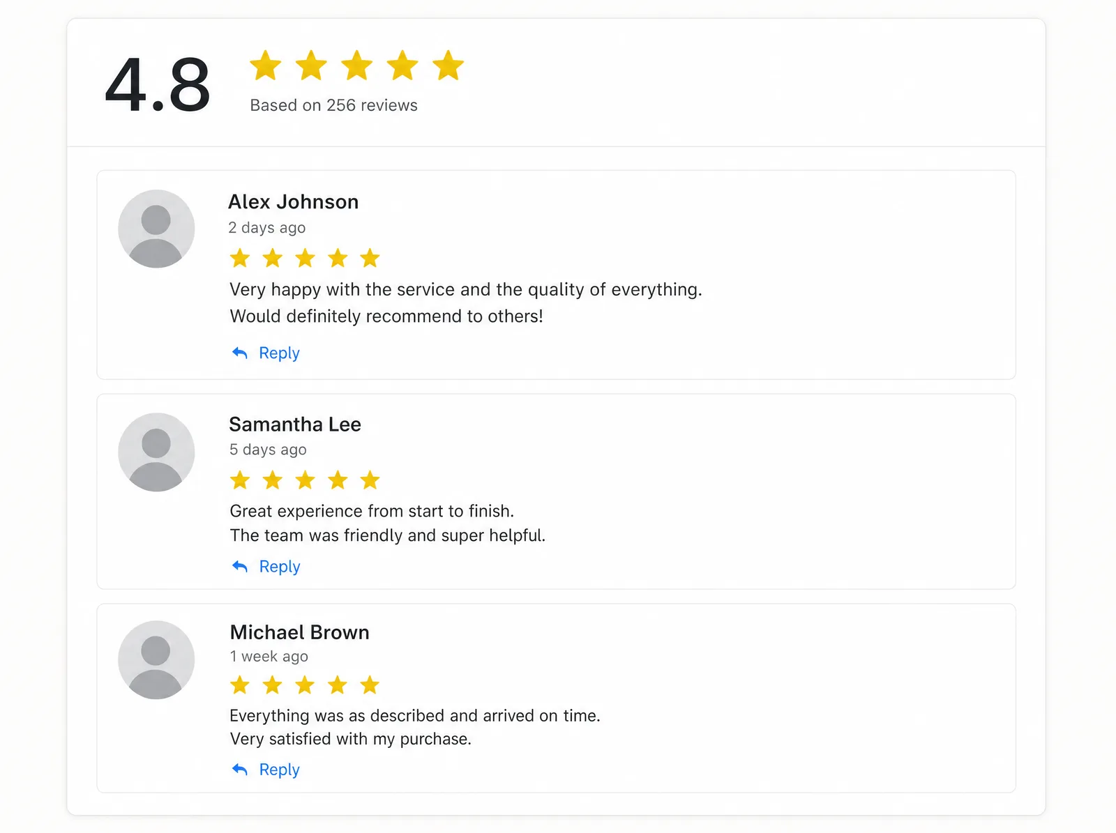 Mockup of an online reviews panel showing an overall star rating, five gold stars, and three recent review cards with reply buttons.