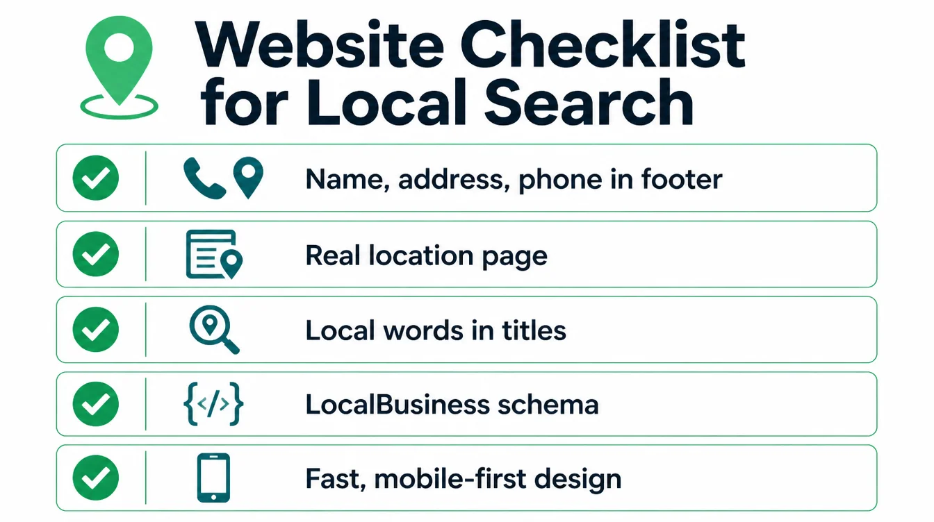 Checklist of five website basics for local search: name, address