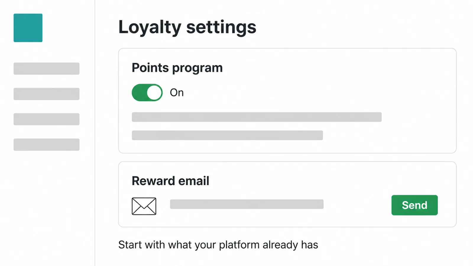 Simple store settings screen with a points program switched on and a reward email ready to send