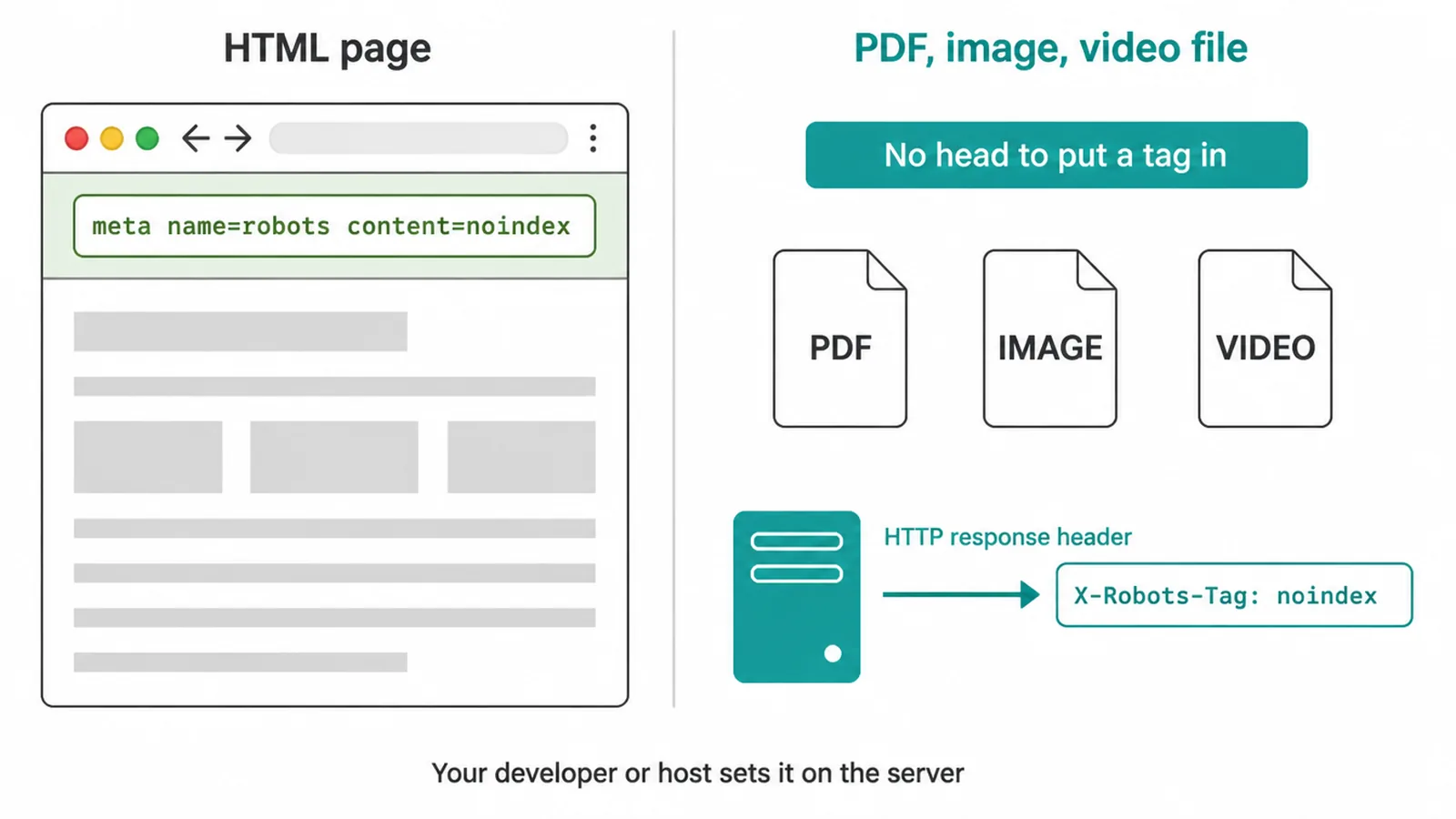 Comparison of a meta tag inside an HTML page and an X-Robots-Tag header for files