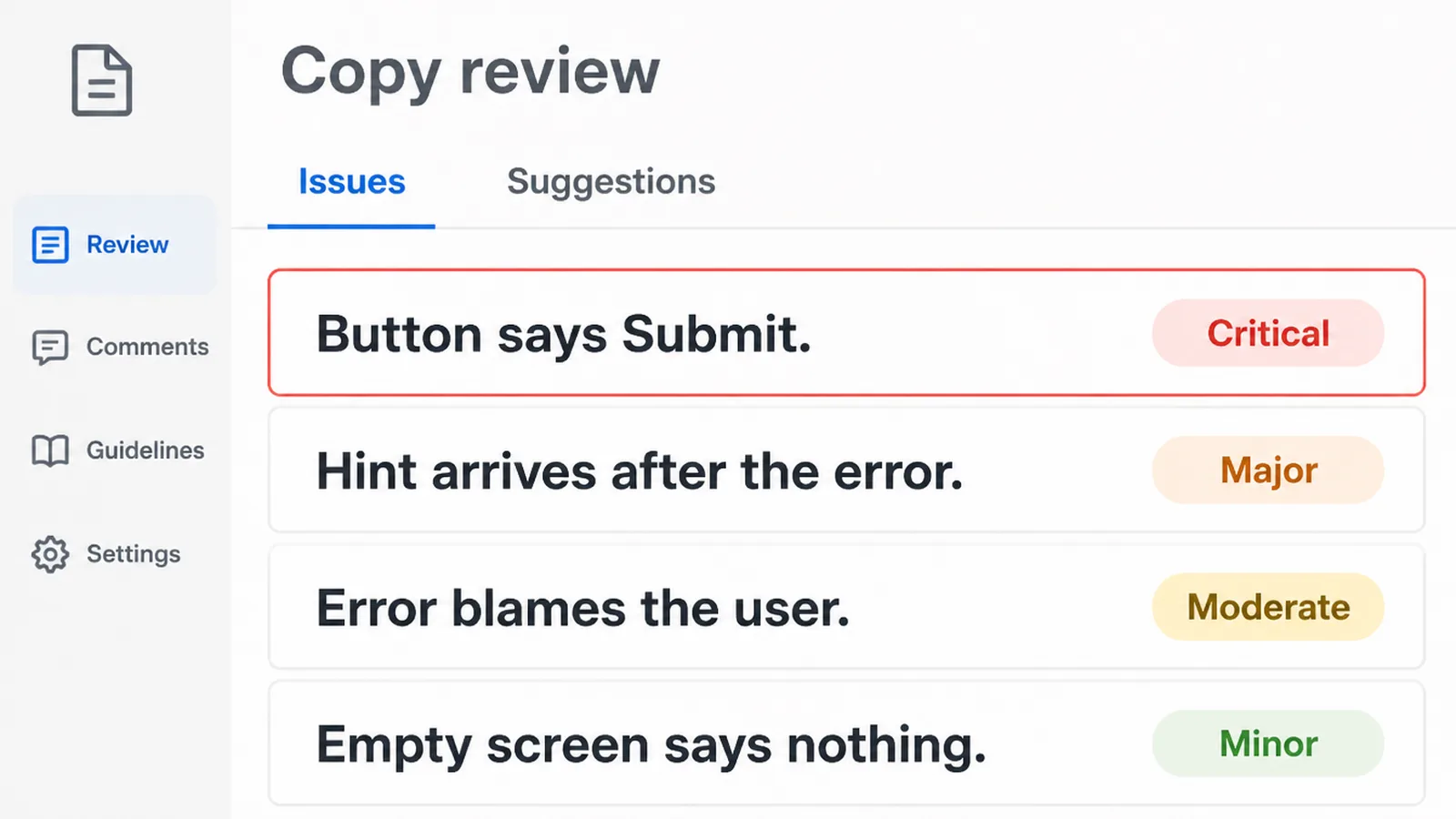 A copy review screen listing four microcopy faults with the first outlined in red