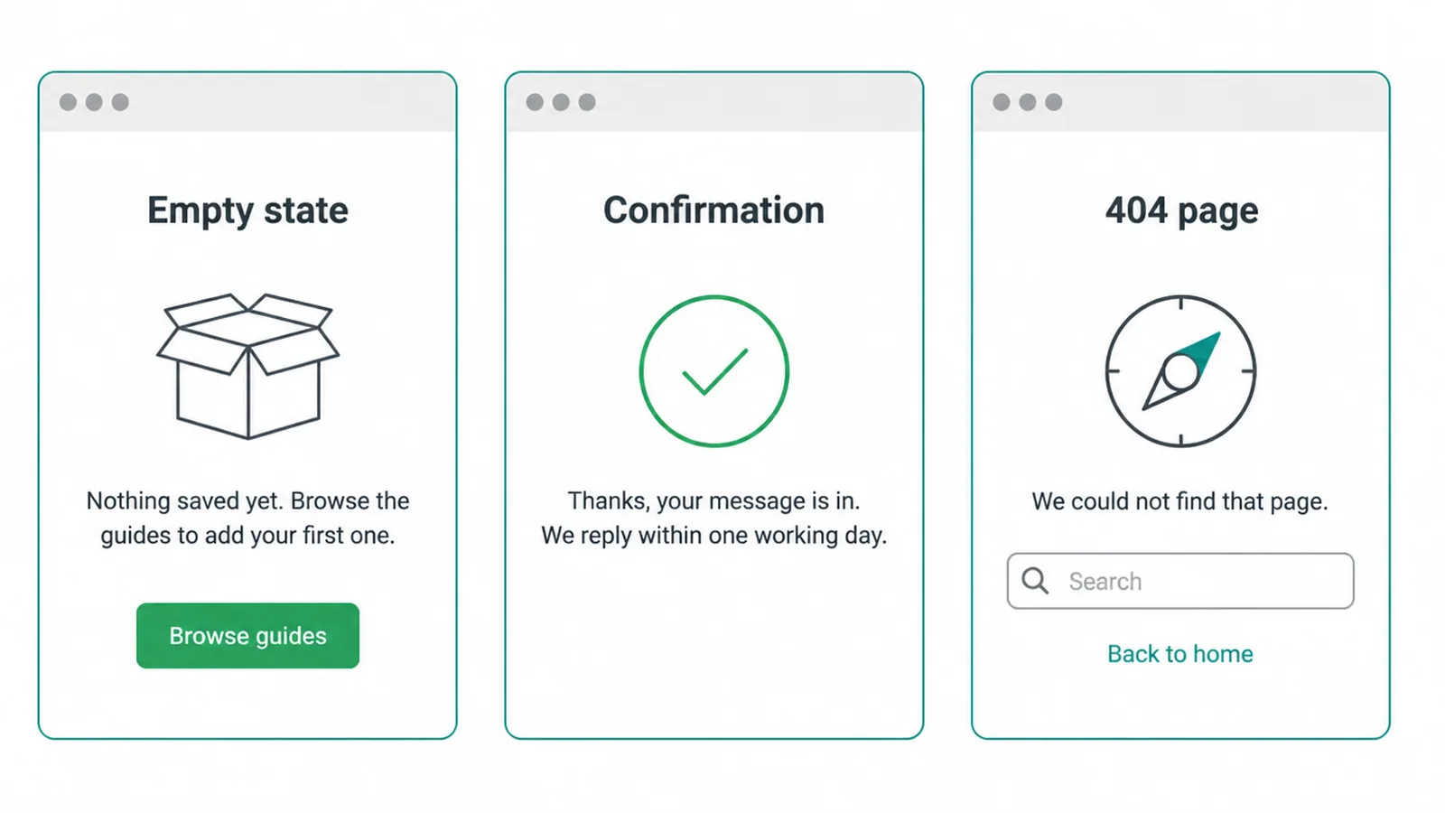 Three screen mockups showing an empty state, a confirmation message and a helpful 404 page.